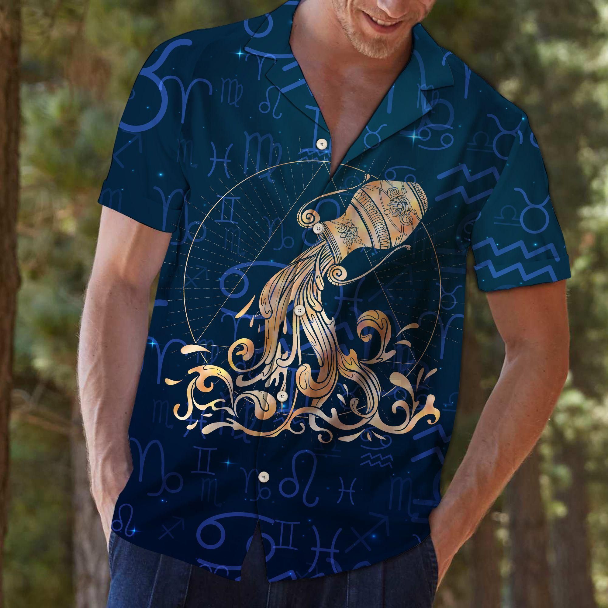 Aquarius Zodiac Symbol Aloha Hawaiian Shirt Colorful Short Sleeve Summer Beach Casual Shirt For Men And Women