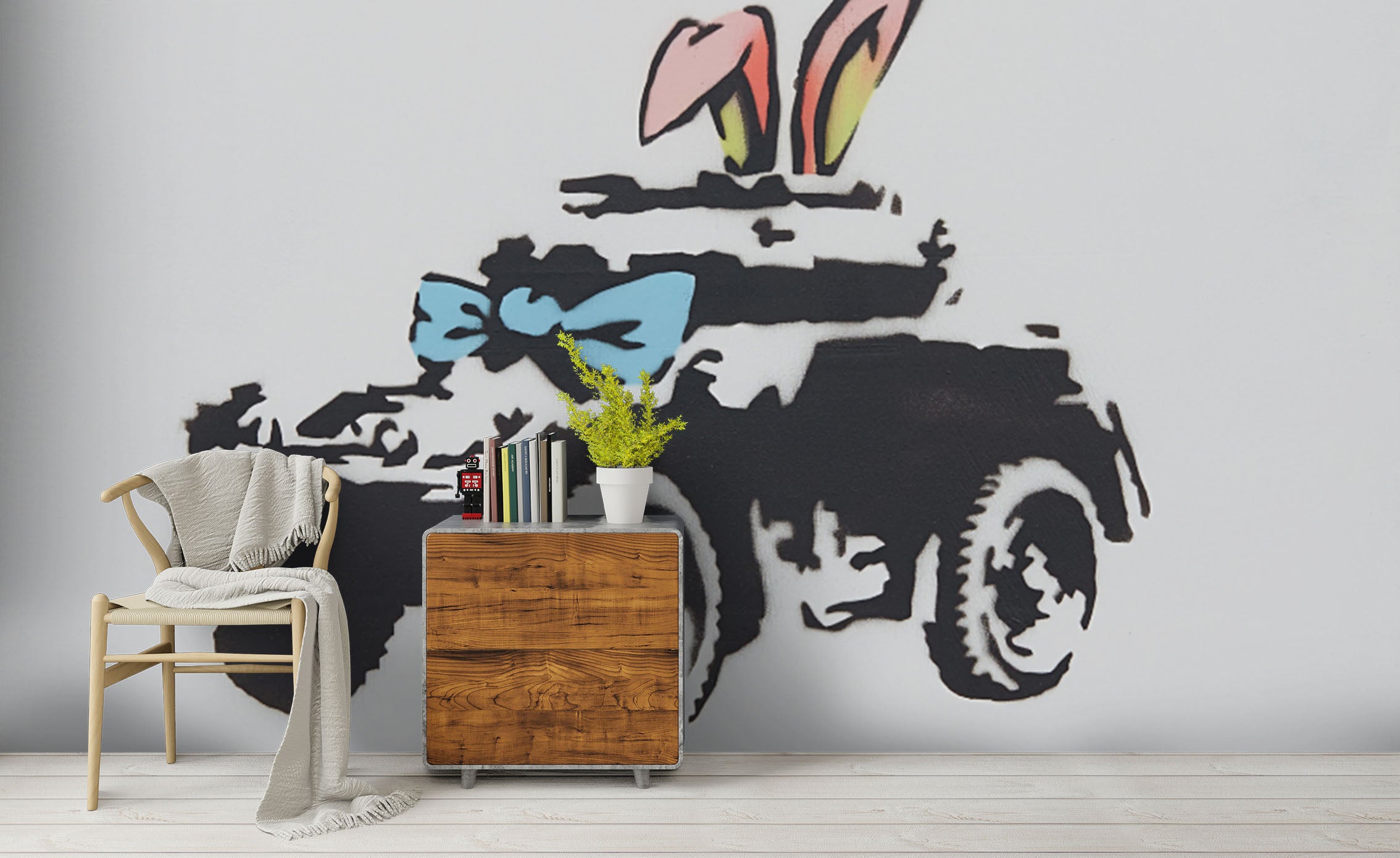 3D Banksy Armoured Car Pink Rabbit Ear Wall Mural Wallpaper Zy D2