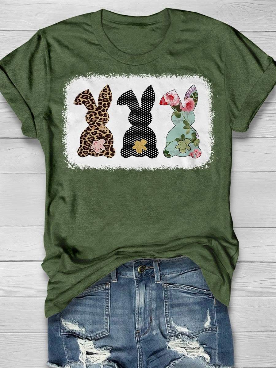 Triple Patterned Bunny Print Short Sleeve T-Shirt