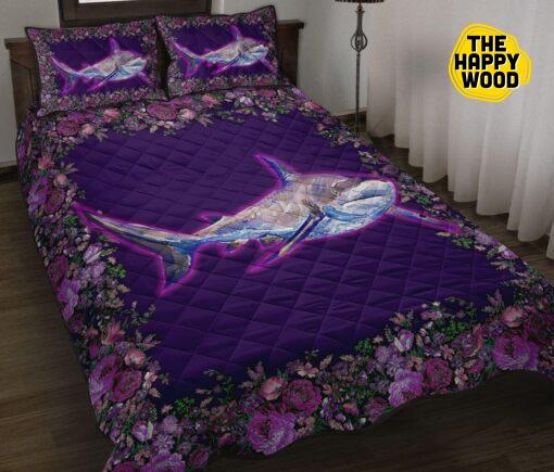 Shark Flower Purple Watercolor Quilt Bed Set And Pillow Covers