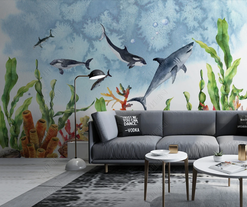 3D Hand Drawn Shark Seaweed Wall Mural Wallpaper Lqh 163