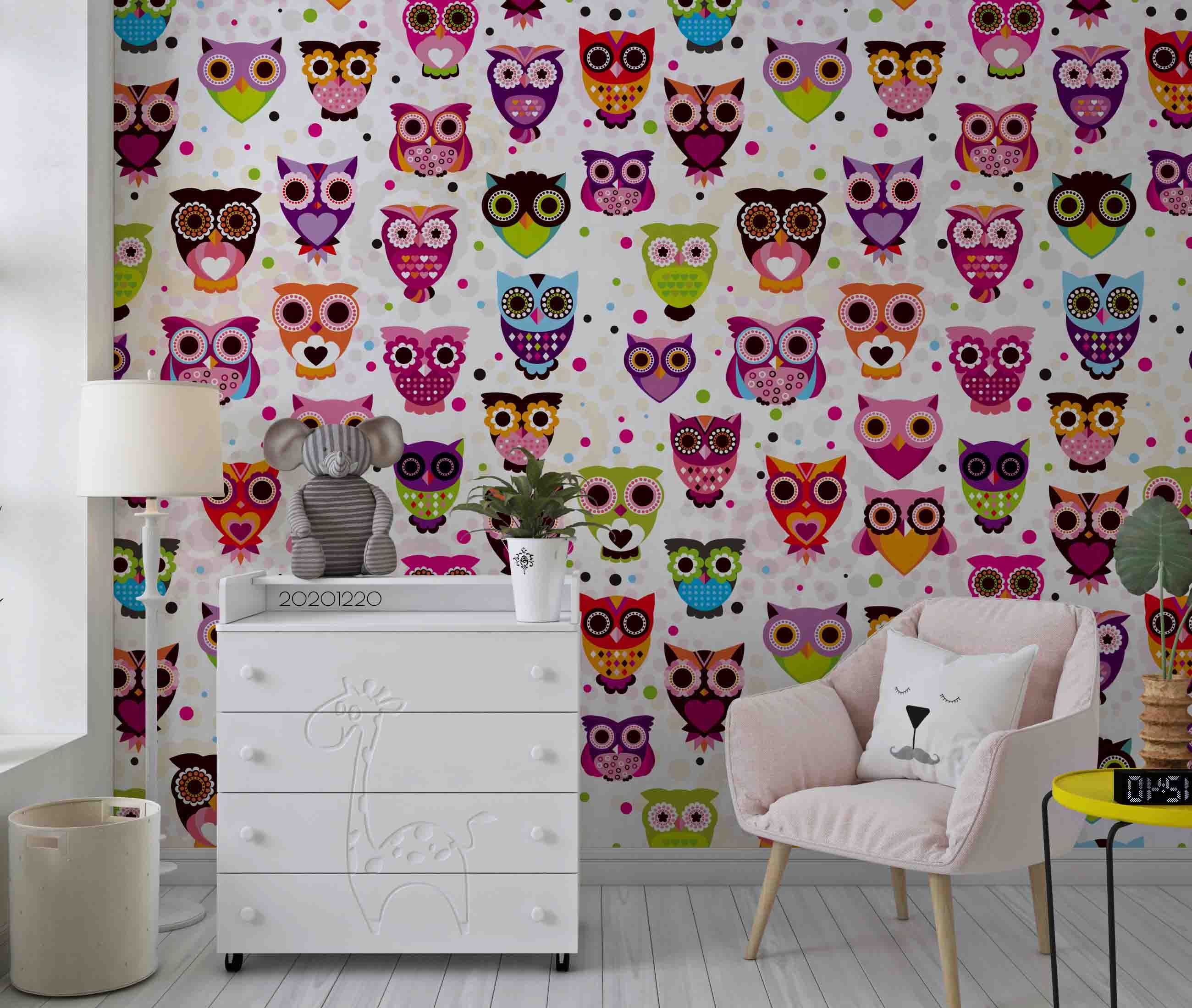 3D Hand Drawn Animal Colored Owl Wall Mural Wallpaper Lqh 74