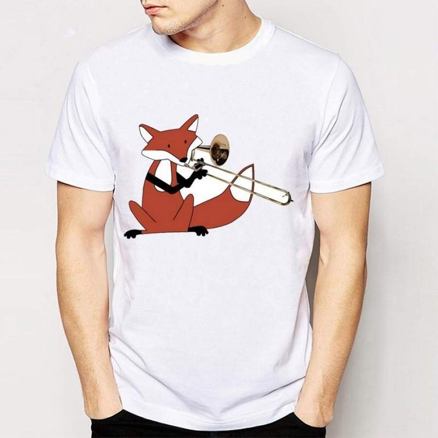 New casual Retro Rock&Roll Punk T-shirt Top Tee Fox Playing the Trombone cartoon Harajuku mens t shirt