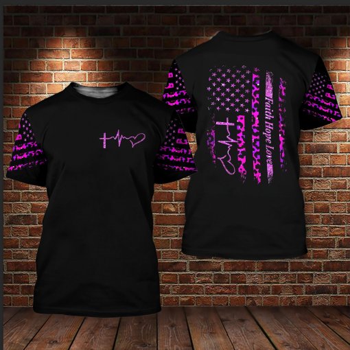 Faith Hope Love Leopard American Flag Christian Cross Heartbeat And Heart Breast Cancer 3D Clothes