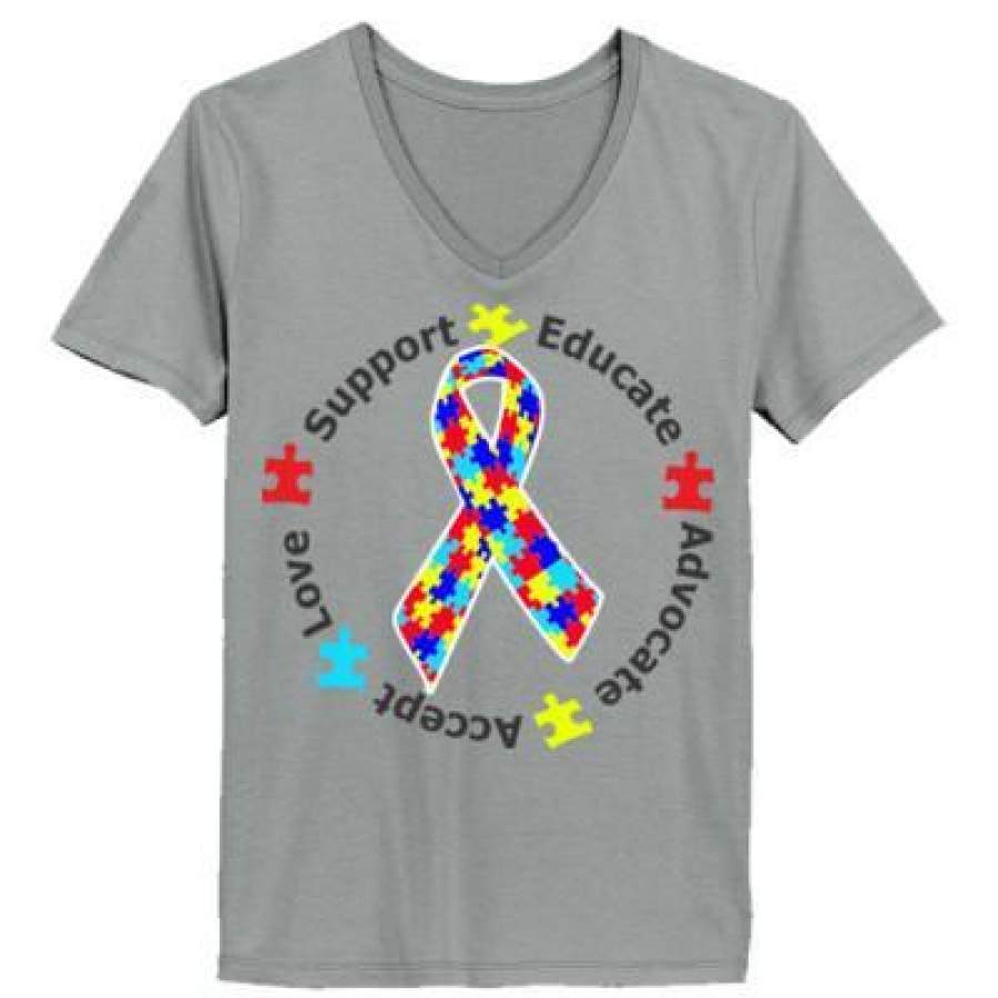 AGR Autism Awareness Support Educate Advocate Accept Love – Ladies’ V-Neck T-Shirt