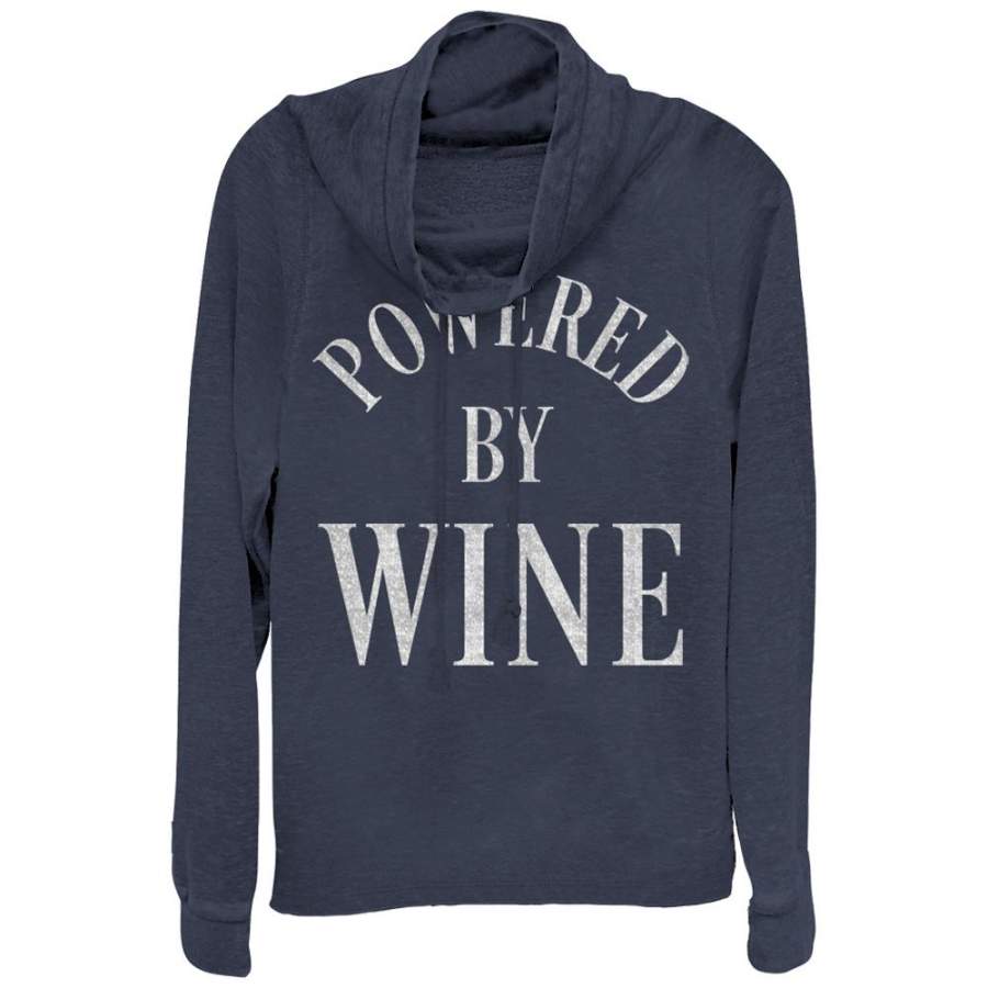 CHIN UP Junior’s Powered By Wine  Cowl Neck Sweatshirt Navy Blue