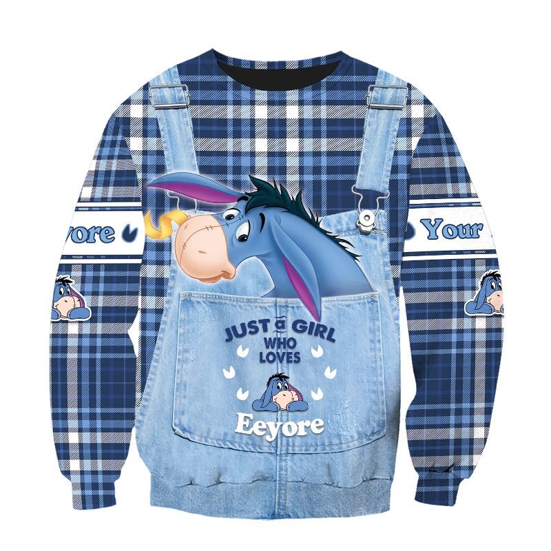 Winnie The Pooh Eeyore Denim Gingham Eeyore Personalized Custom Name Hoodie All Over Printed 3D Unisex Men Women