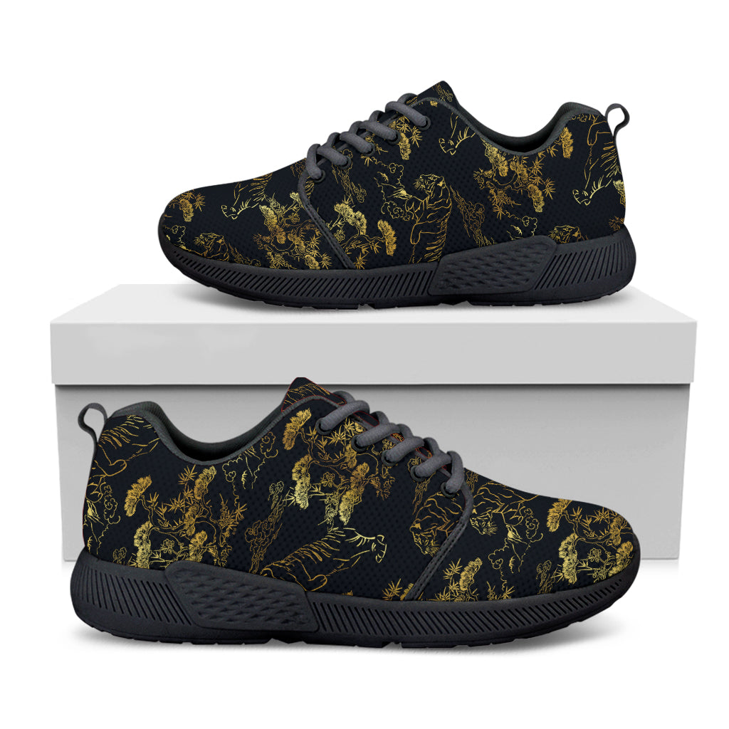 Black And Gold Japanese Tiger Print Black Athletic Shoes