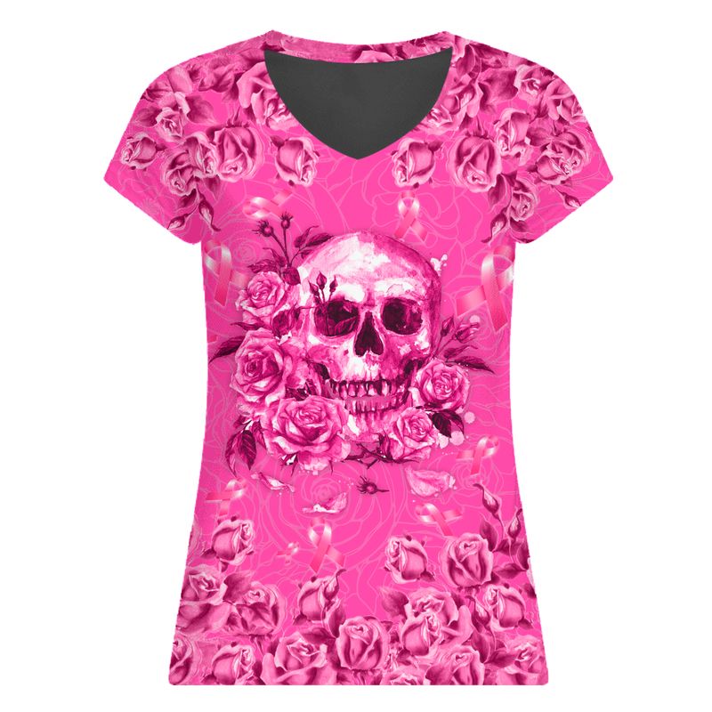 Breast Cancer Awareness Skull Rose Wear Pink Ribbon V Neck Tshirt Hg