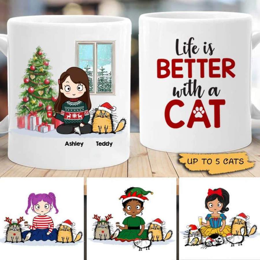 Christmas Chibi Girl Life Is Better With Funny Cats Personalized AOP Mug