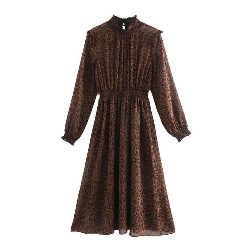 animal print leopard  chic ruffles neck buttons long sleeve  Dress