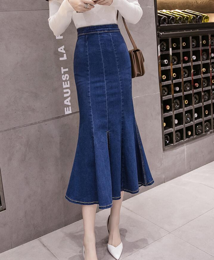 Spring 2020 Women Denim Mermaid Skirt Package Hip Sexy Long Female Zipper Up Slim Black Blue High Waist Jeans Skirts Women alx