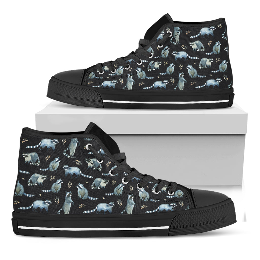 Watercolor Raccoon Pattern Print Black High Top Shoes