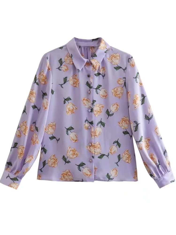 Women Flower Printing Turndown Collar Satin Shirt Summer Female Long Sleeve Blouse Loose Tops Blusas LUJIA ALAN B153 alx