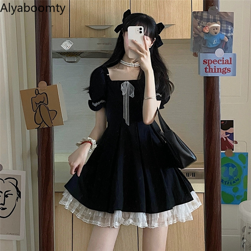 2022 Japanese Harajuku Summer Women Black Mini Dress Square Collar Ribbon Gothic Dress Cute Kawaii Ruffles Lolita Party Dress alx