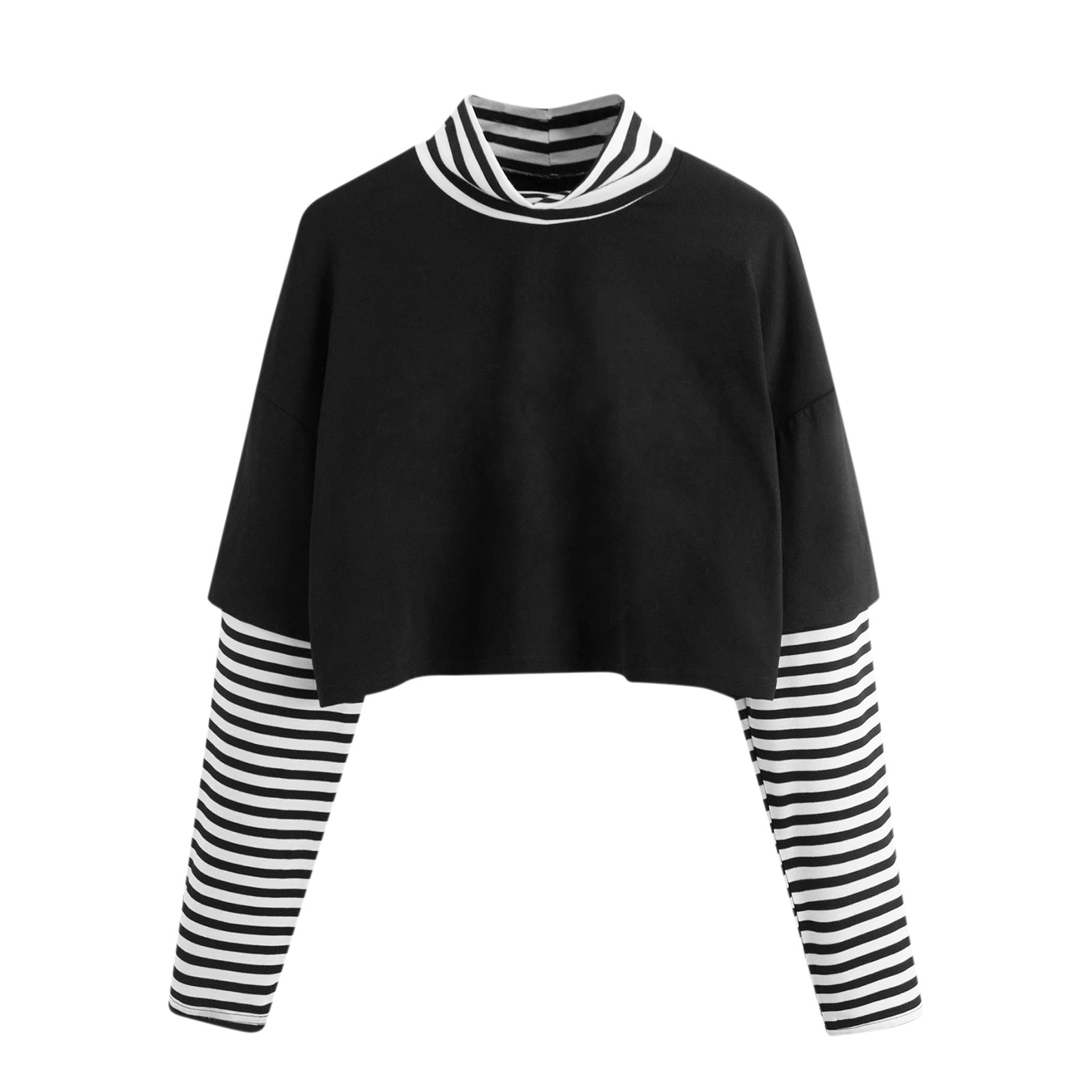 Women’s Butterfly Turtleneck Print Sweatshirts Stitching Stripes Long Sleeve Hoodies Crop Blouse Street Harajuku Ropa De Mujer alx