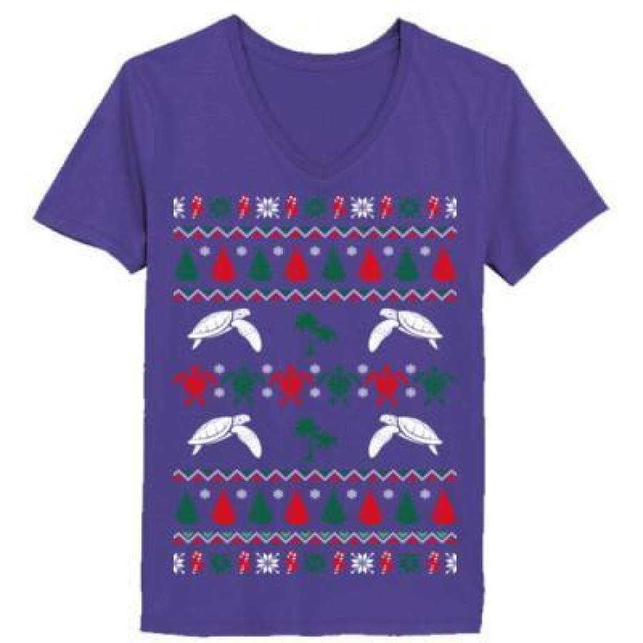 AGR Sea Turtle Ugly Christmas Sweater – Ladies’ V-Neck T-Shirt