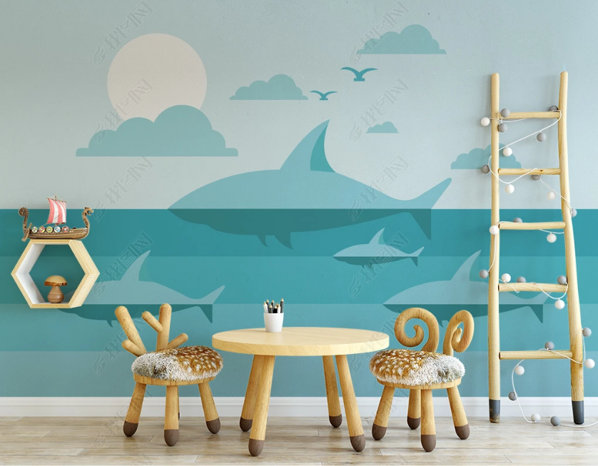 3D Cartoon Shark Sunset Sea Wall Mural Wallpaper Lqh 24