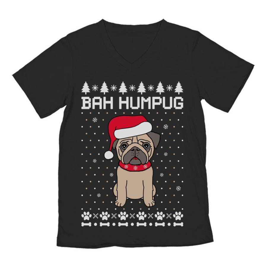 Bah Humpug Funny Ugly Christmas Puppy Pug Dog V-Neck T-Shirt