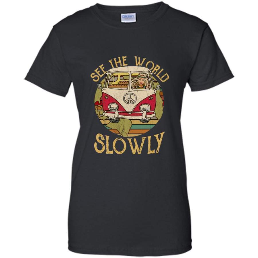 See The World Slowly Hippie Girl Peace Sign, Classic Vintage Design – Gildan Women Shirt