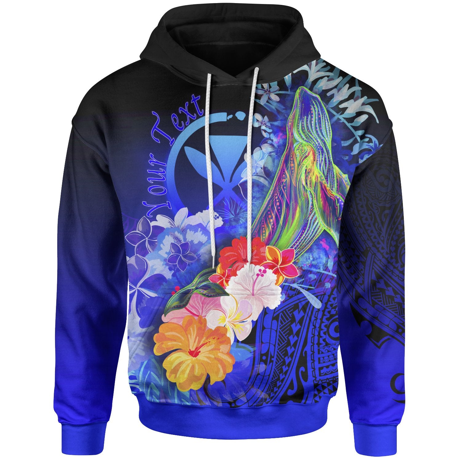 Polynesian Hawaii Custom Personalised Hoodie – Kanaka Maoli  Humpback Whale With Tropical Flowers (Blue)