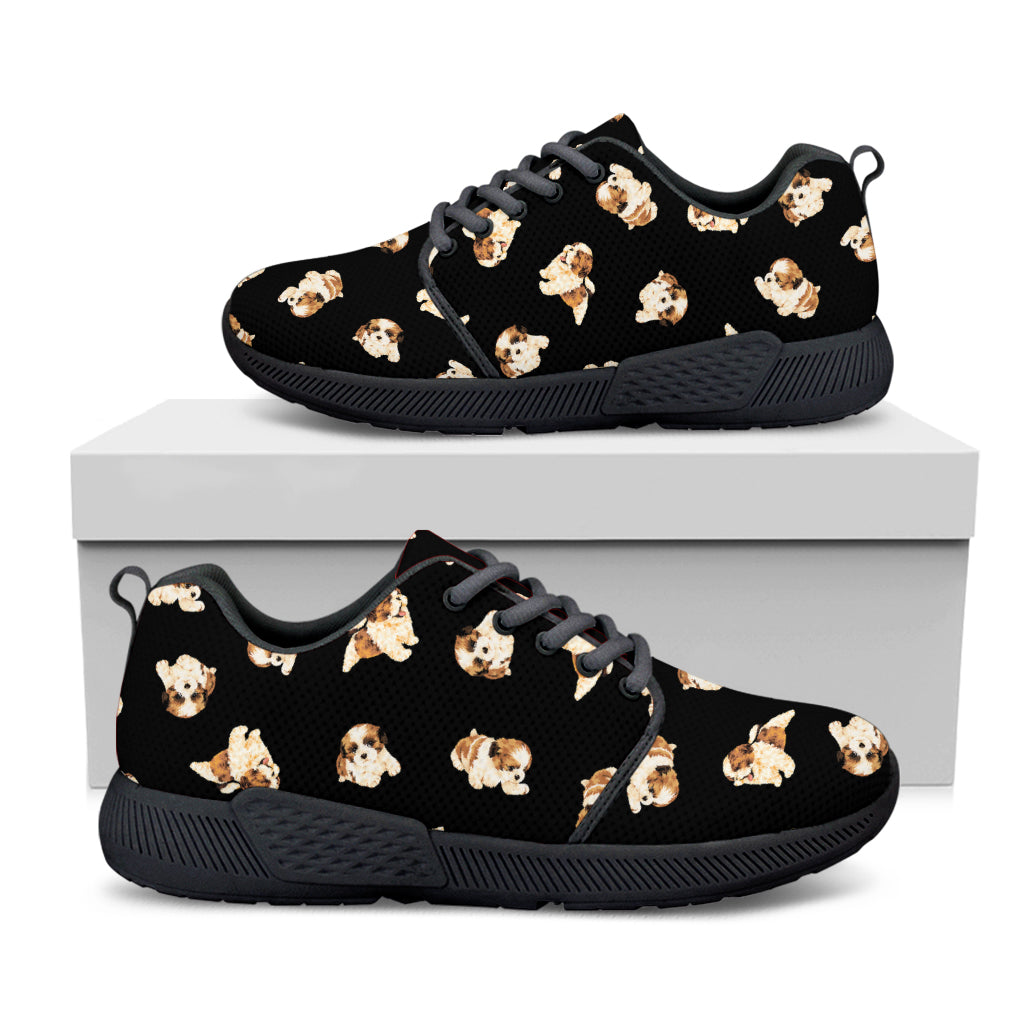 Shih Tzu Puppy Pattern Print Black Athletic Shoes