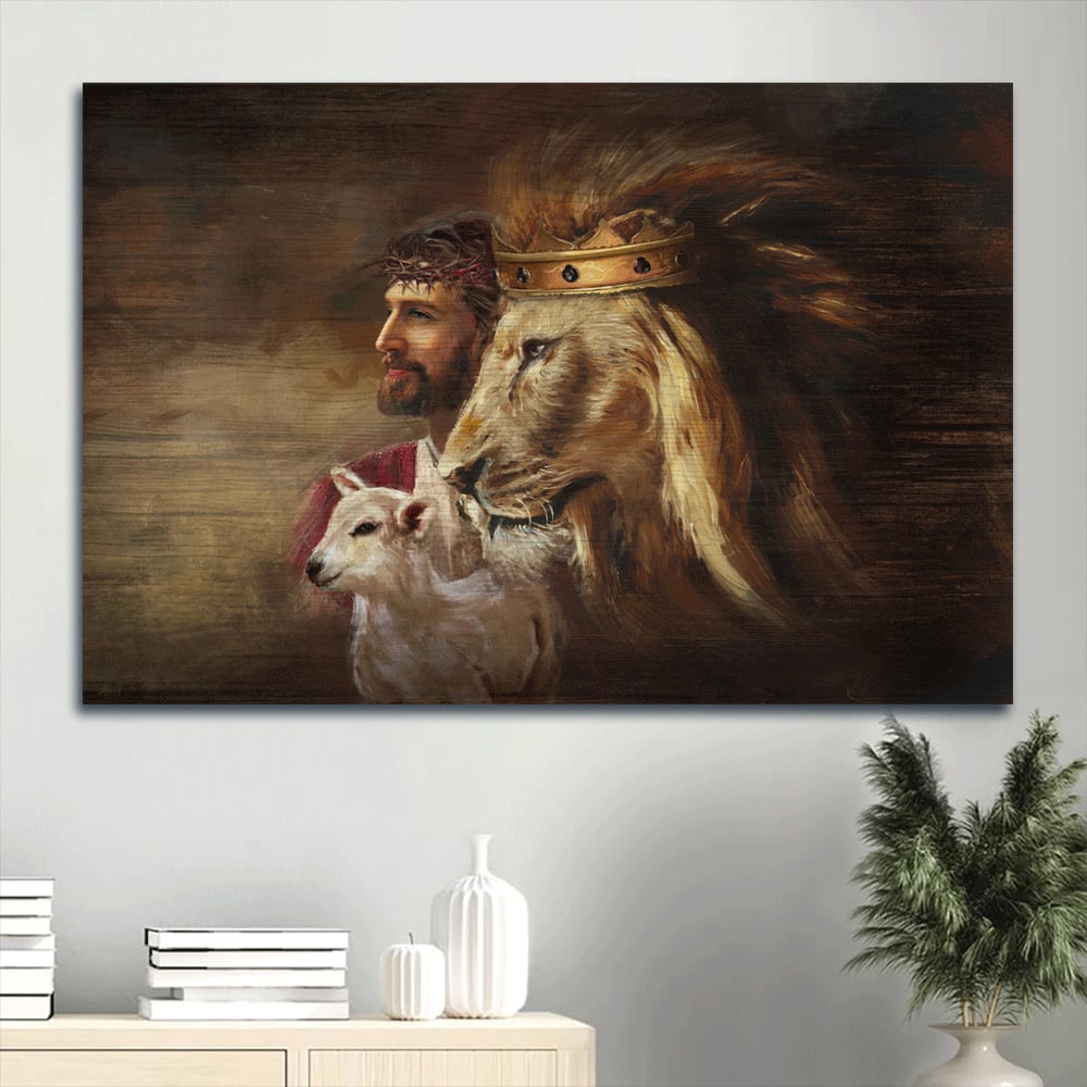 Amazing Jesus Painting Lion Artwork Watercolor Lamb Unique Crown Canvas Wall Art – Christian Wall Decor