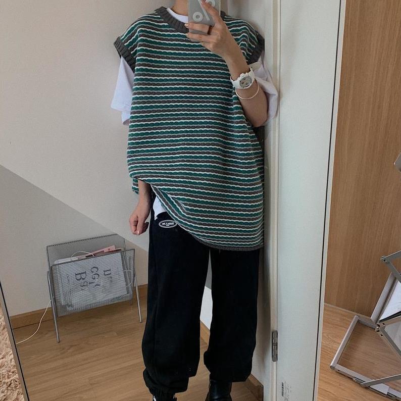 Striped Panelled Sweater Vests Women Harajuku BF All-mach Couples Baggy Sleeveless Knitwear Female Unisex Vintage Ins Fashion alx