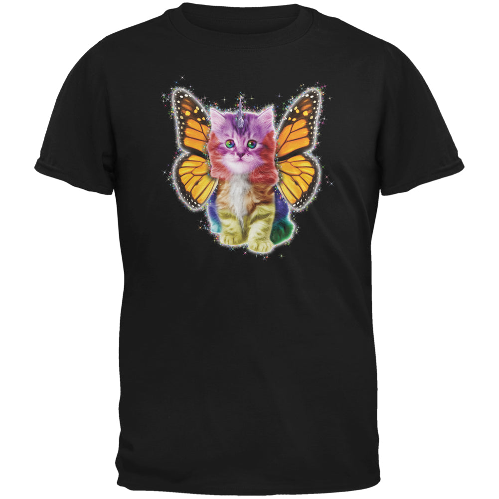 Rainbow Butterfly Unicorn Kitten Black Adult T-Shirt