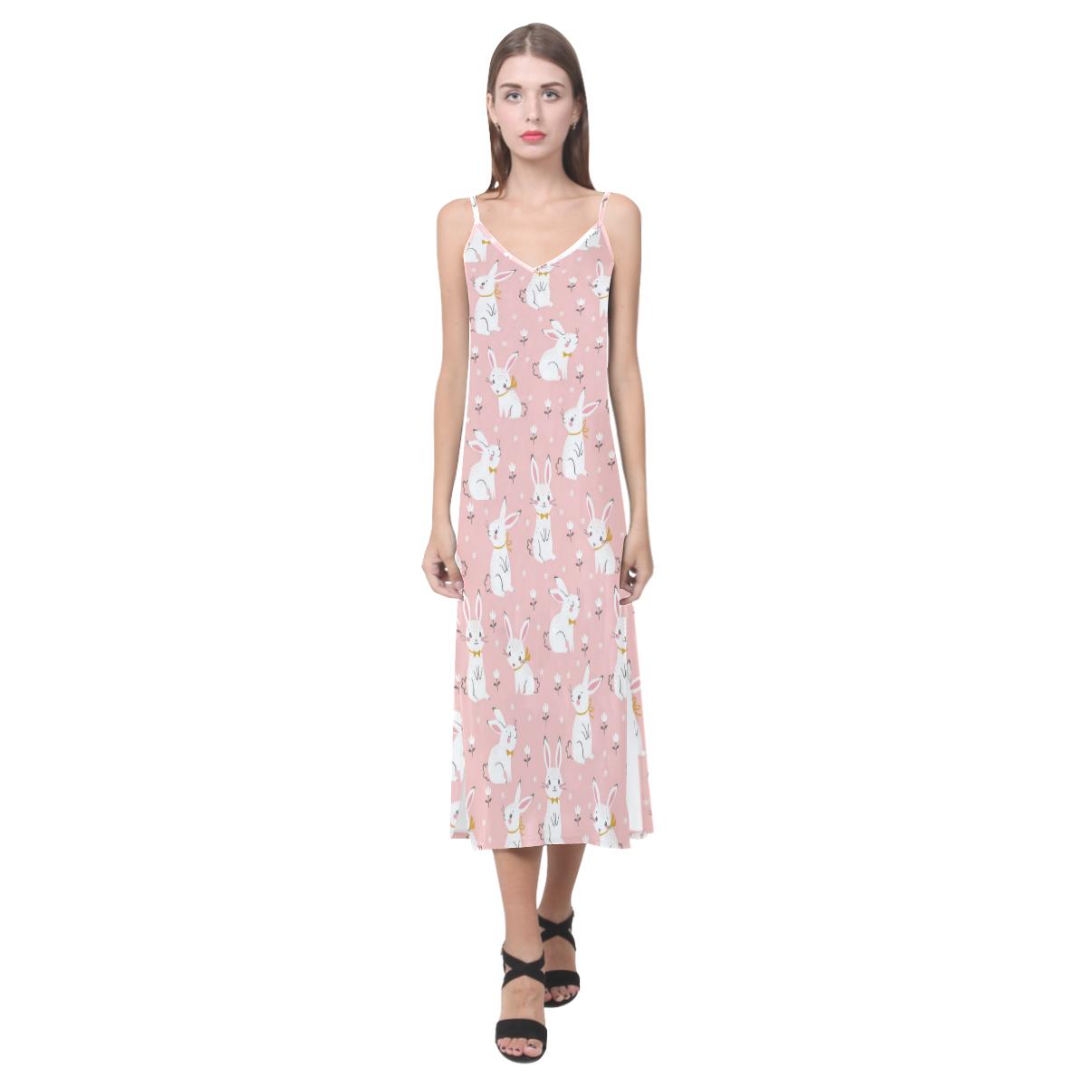 Cute white rabbit flower pink background V-Neck Open Fork Long Dress