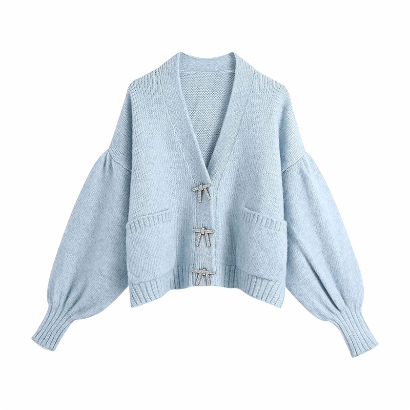 Women New Sweet Exquisite Bowknot Decoration Sweater Female Single-Breasted Puff Sleeve Cardigan Chic Top alx