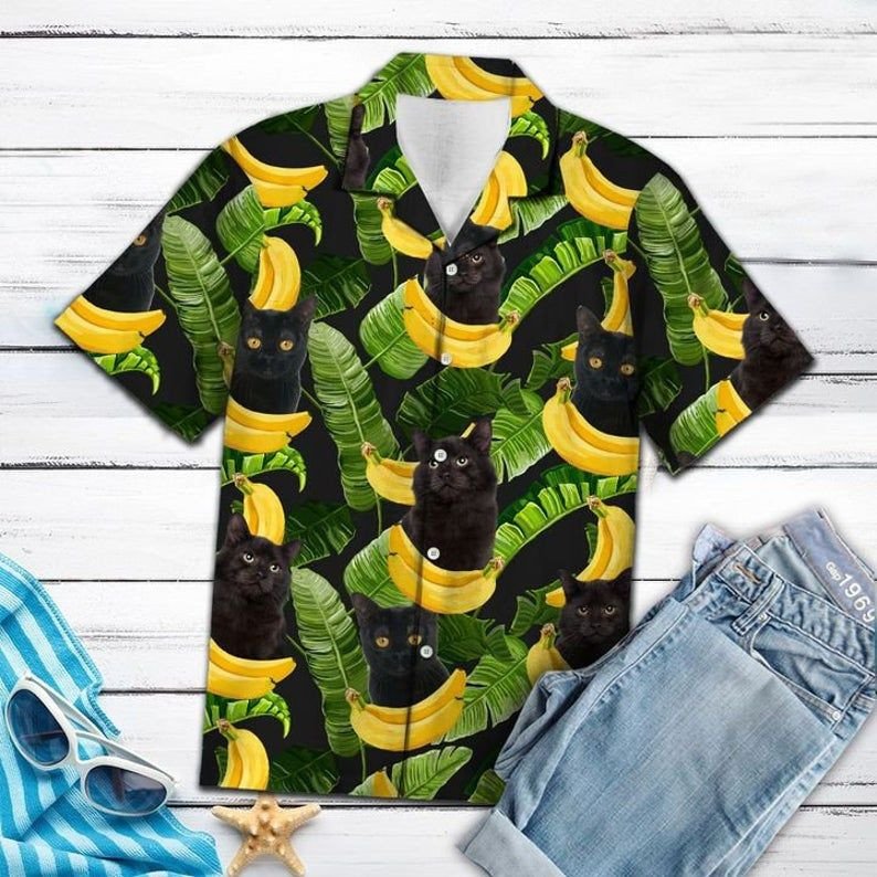 Black Cat Forest Banana For Men And Women Graphic Print Short Sleeve Hawaii Casual Shirt Ha44978