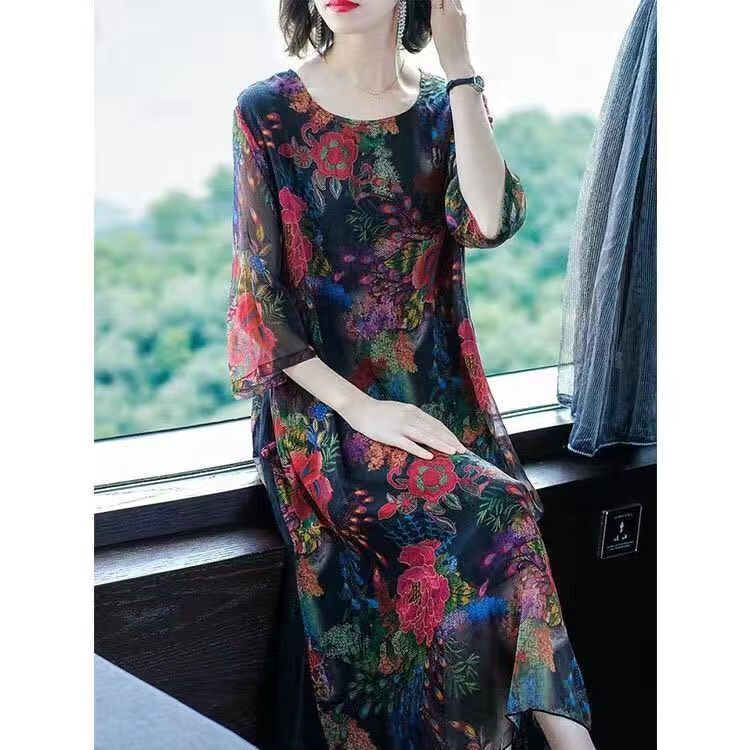 2022 New Summer Women Chinese Style Mesh Patchwork Chiffon Casual Loose Dress Female O-Neck Dress 4xl Vestidos Y98 alx