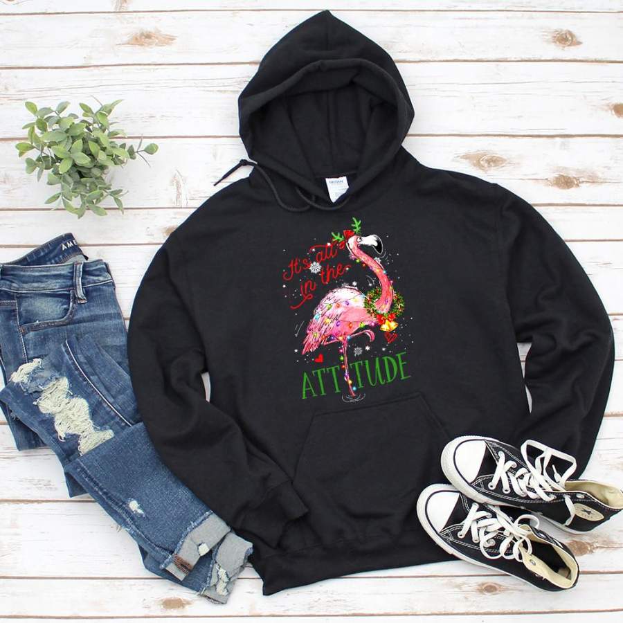 Cute flamingo attitude christmas xmas wreath snow colorful light winter season gift black hoodie for men and women S-5XL