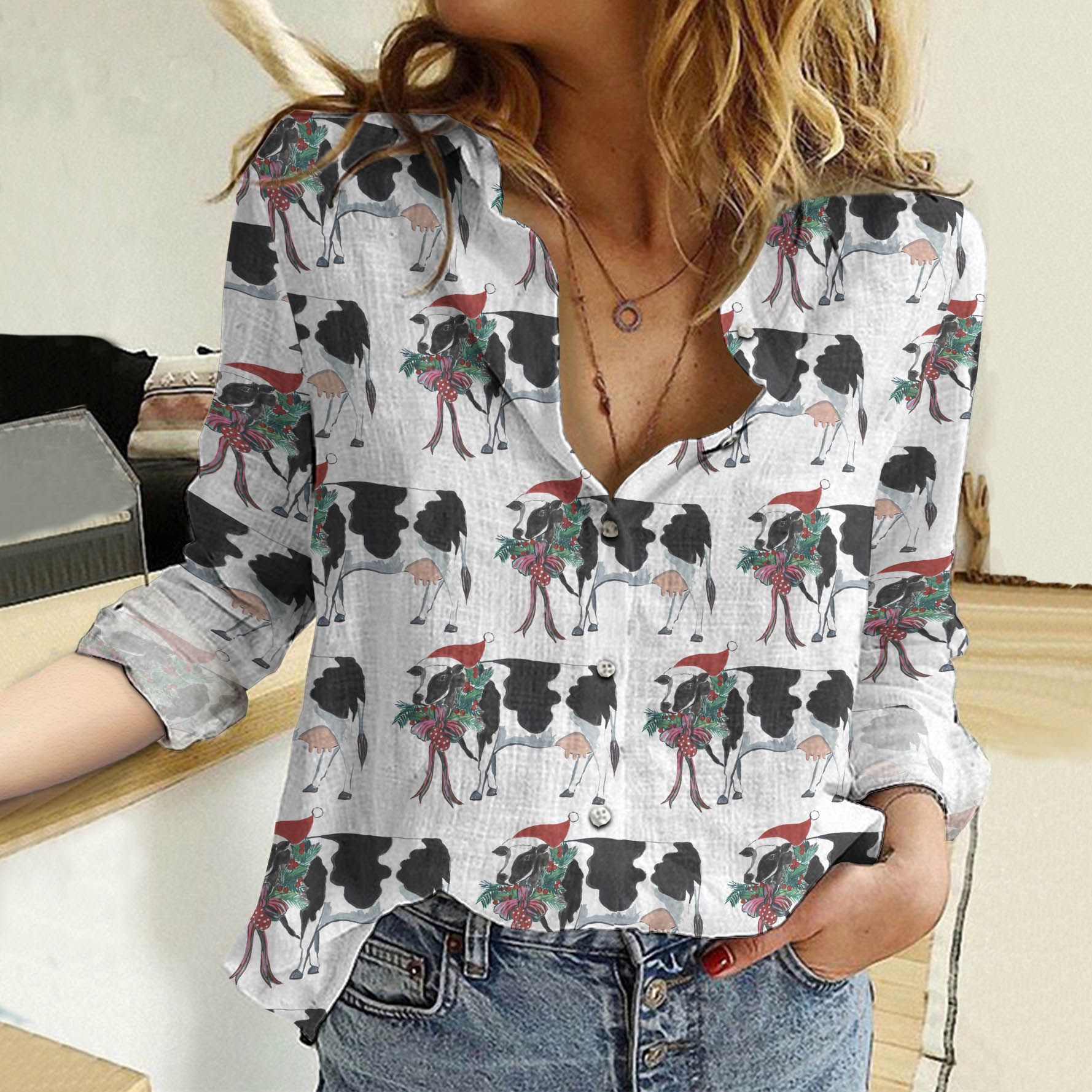 Woodland Animals Cotton And Linen Casual Shirt, Cow Cotton And Linen Casual Shirt