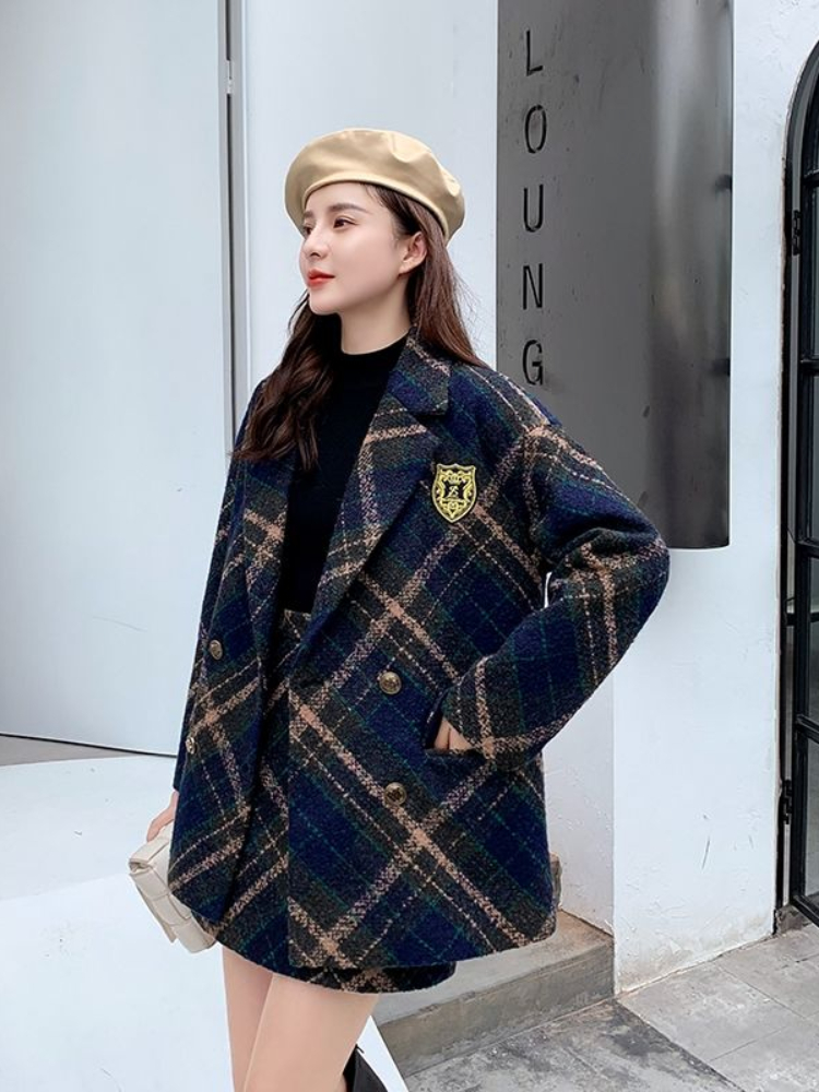 Xgoth Women Fashion Suits 2022 Autumn Winter Streetwear New Plaid Tweed Blazer Jacket + Skirt Office Lady Elegant Two-piece Set alx