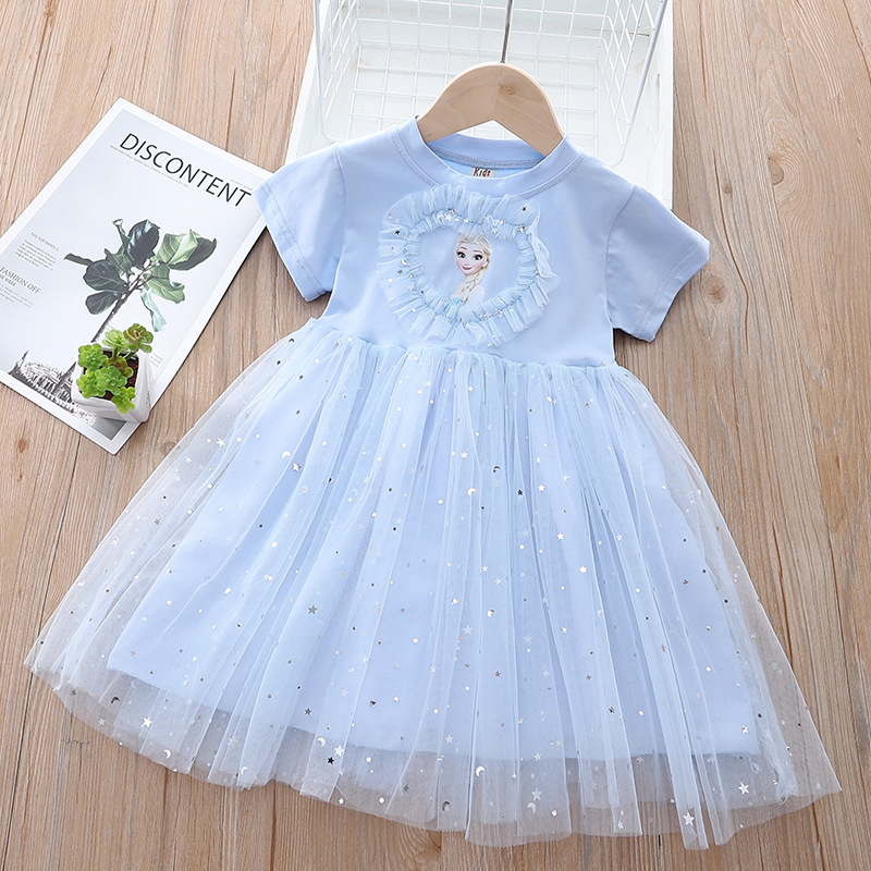 2022 New Frozen Summer Dresses Girls Cartoon Elsa Princess Dress Lace Love Heart Western Style Gauze Clothes For 2-6Y Baby Girls alx