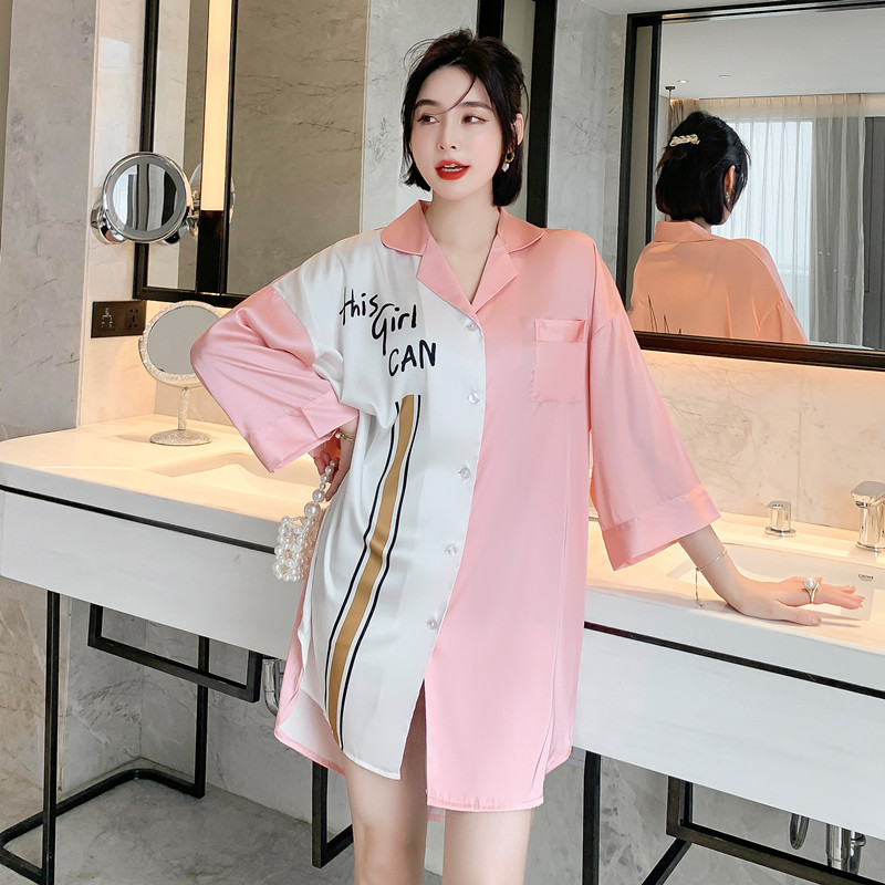 Women Sleepwear Casual Nightshirt Lounge Wear Satin Nightgown Sleep Shirt Summer New Print Lingerie Home Clothes Nightwear alx