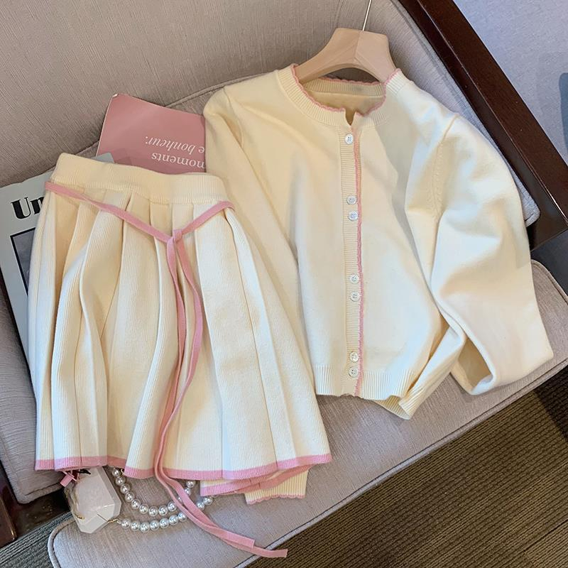 2022 Fall New Knitted Outfits Fashion Women Sweaters Cardigan Coat Mini Pleated Skirts Sashes Gentle Korean Chic 2piece Sets alx