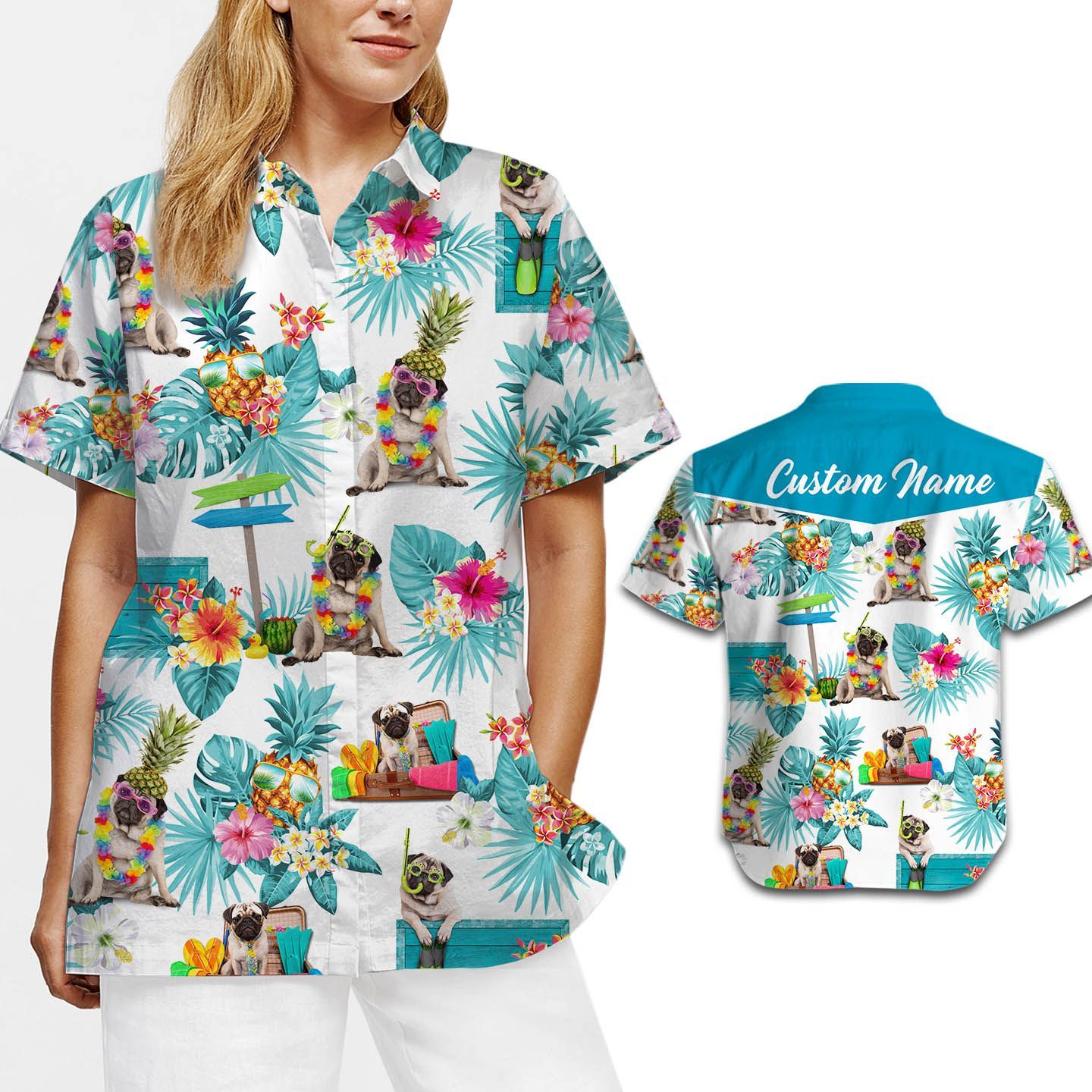 Beach Shirt Custom Name Pug Tropical Hawaiian Shirt For Women For Dog Lovers