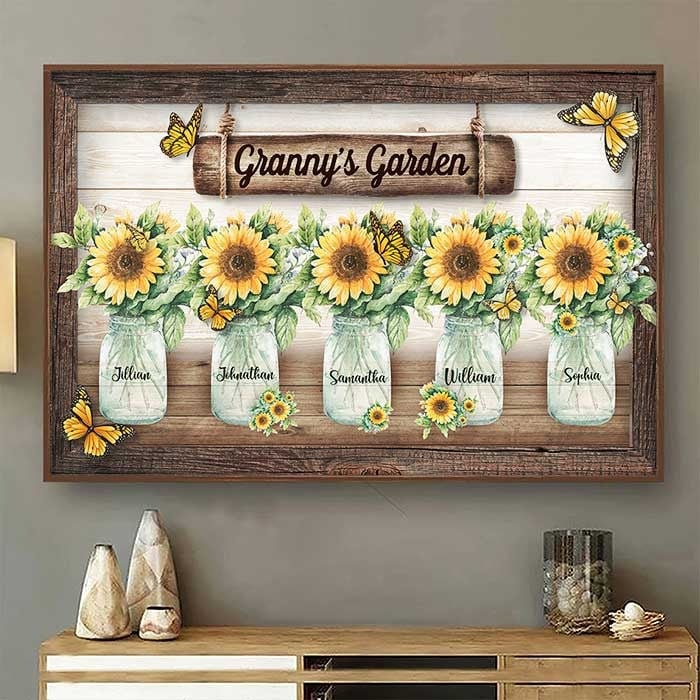 Grandma’S Garden – Personalized Horizontal Canvas Prints, Custom Names Mom And Kids Sunflower Jar Wall Art