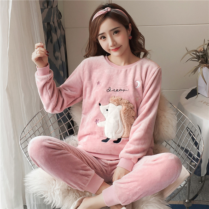 Autumn Winter Women Pyjamas Sets pajamas Sleepwear Suit Thick Warm Coral Flannel nightgown Female Cartoon Animal Pijama Mujer alx