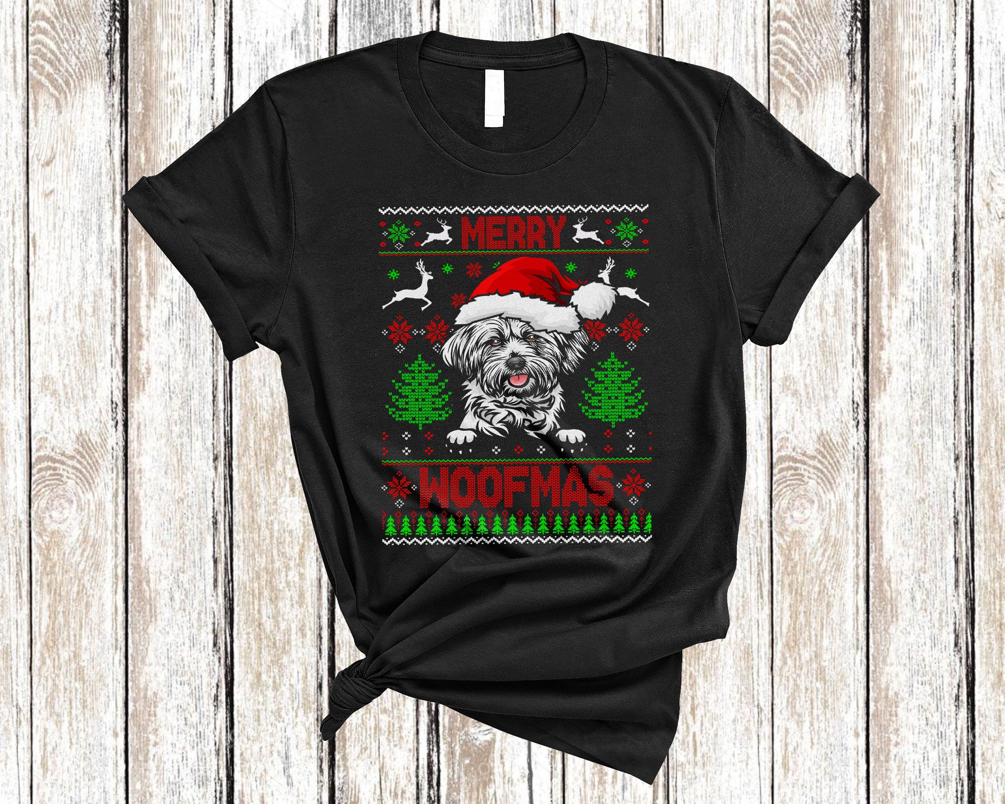 Christmas Dog Shirt Merry Woofmas Funny Ugly Christmas Santa Lhasa Apso Dog Sweater Gifts T-Shirt