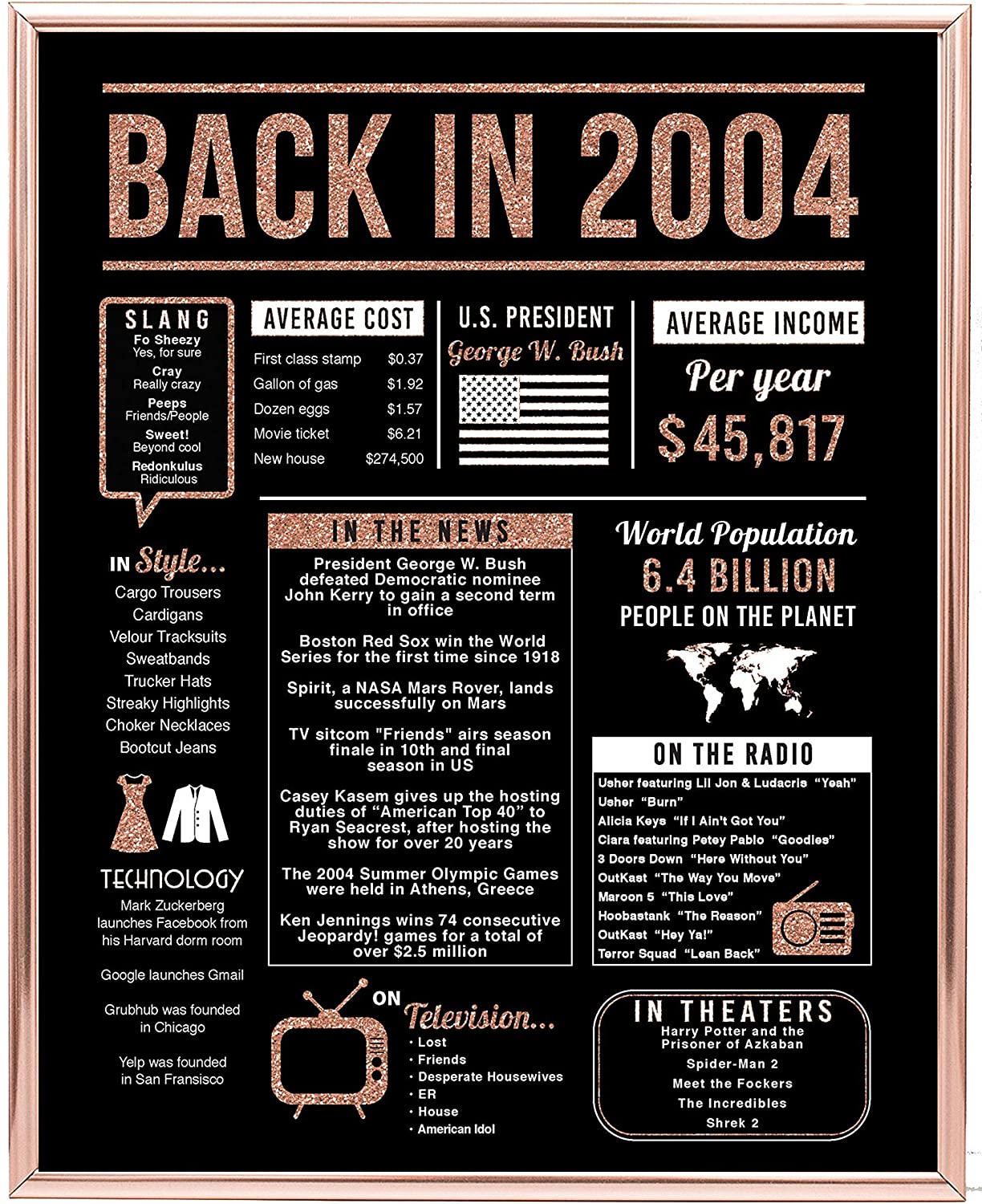 Back In 2004 Hot Events Poster Rose Gold Art Birthday Gifts 16 Year Olds 16Th Anniversary Home Decor Rose Gold Gift For Man Woman Poster