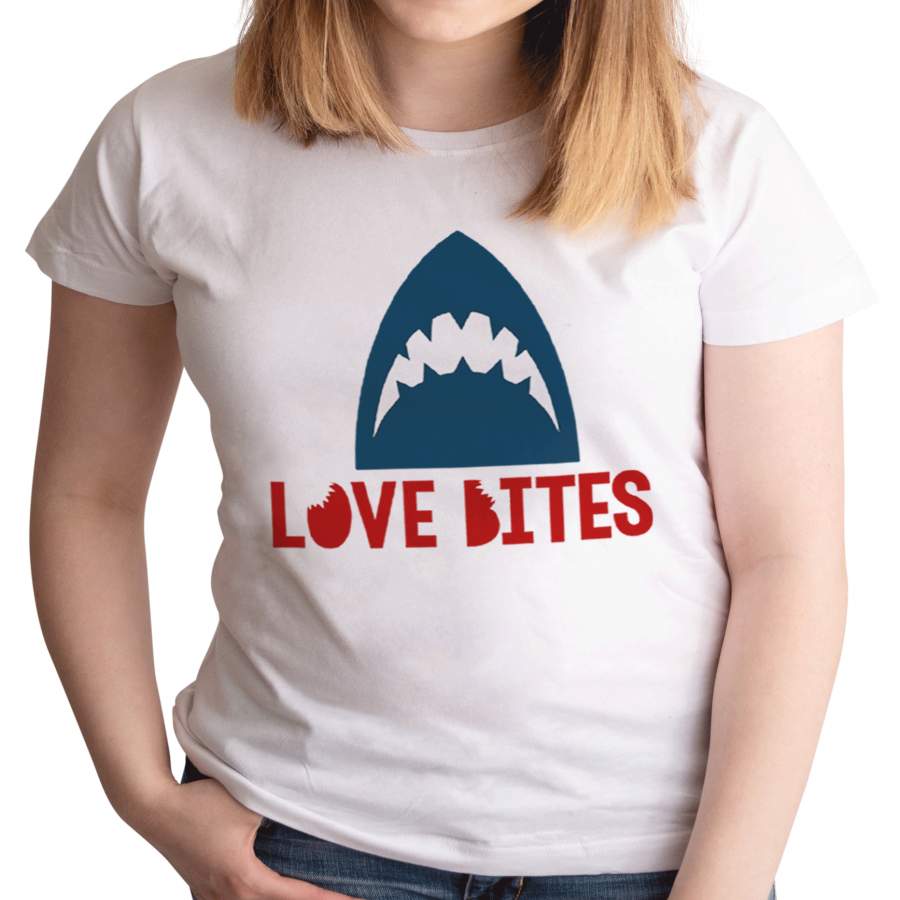 7 ate 9 Apparel Women’s Love Bites Shark Valentine’s Day White T-shirt