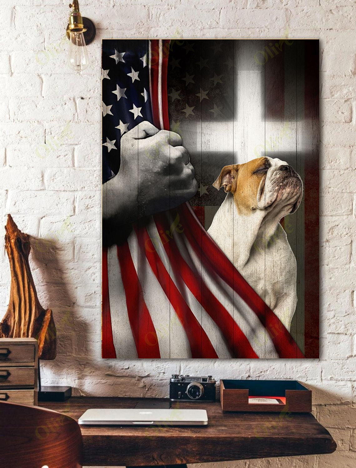 Beautiful Us Flag And English Bulldog Canvas Wall Art Home Decor