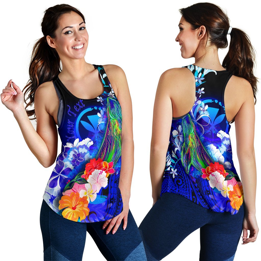 Polynesian Hawaii Custom Personalised Premium Women’s Racerback Tank – Kanaka Maoli  Humpback Whale with Tropical Flowers (Blue)- BN18