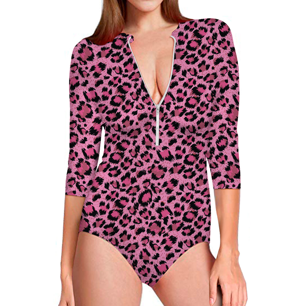 Pink Leopard Print Long Sleeve One Piece Swimsuit