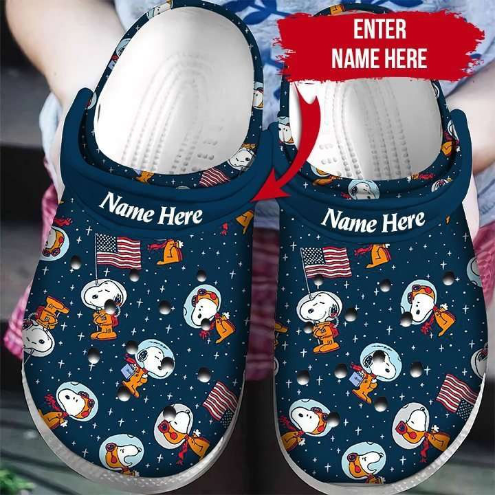 Custom Name Snoopy Astronaut Usa Flag Puzzle Pieces Crocband Clog Shoes