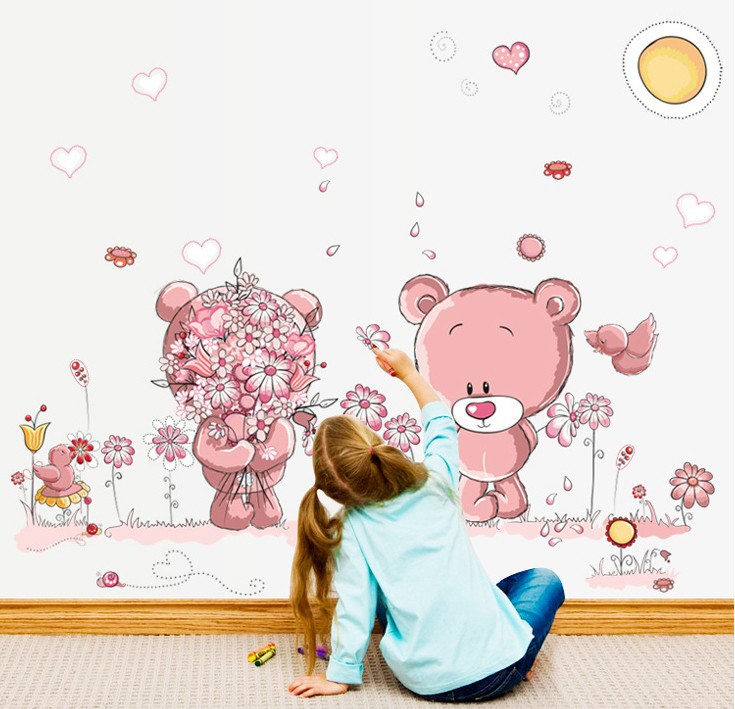 Pink Cartoon Cat Rabbit Flower Wall Sticker For Baby Girls Kids Rooms Home Decor Teddy Bear Umbrella Classroom Wall Decals alx